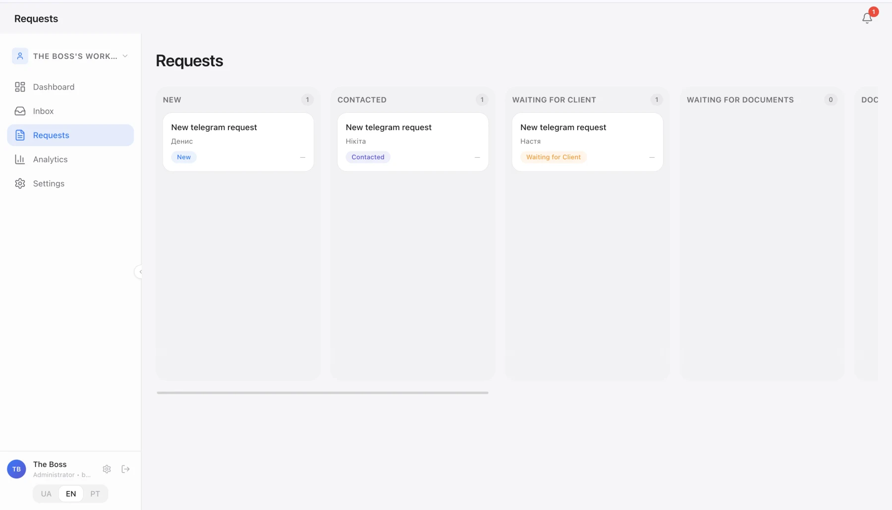 Workflow board з заявками на різних етапах